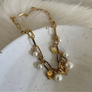 Golden tone and Pearl Heart Charm Paperclip Necklace Upcycled hand crafted